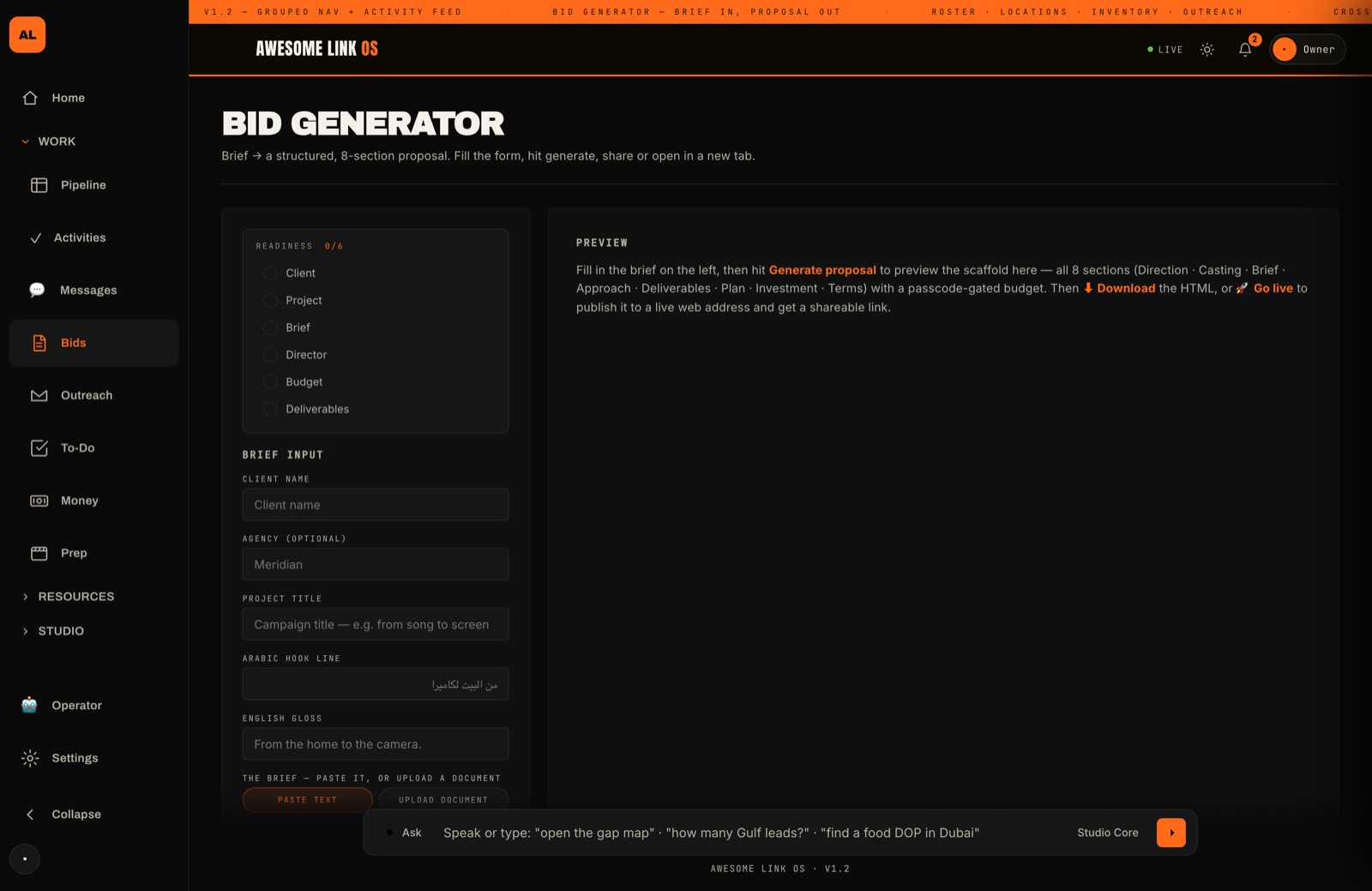 Awesome Link OS Bid Generator — brief input on the left, house-style proposal preview on the right
