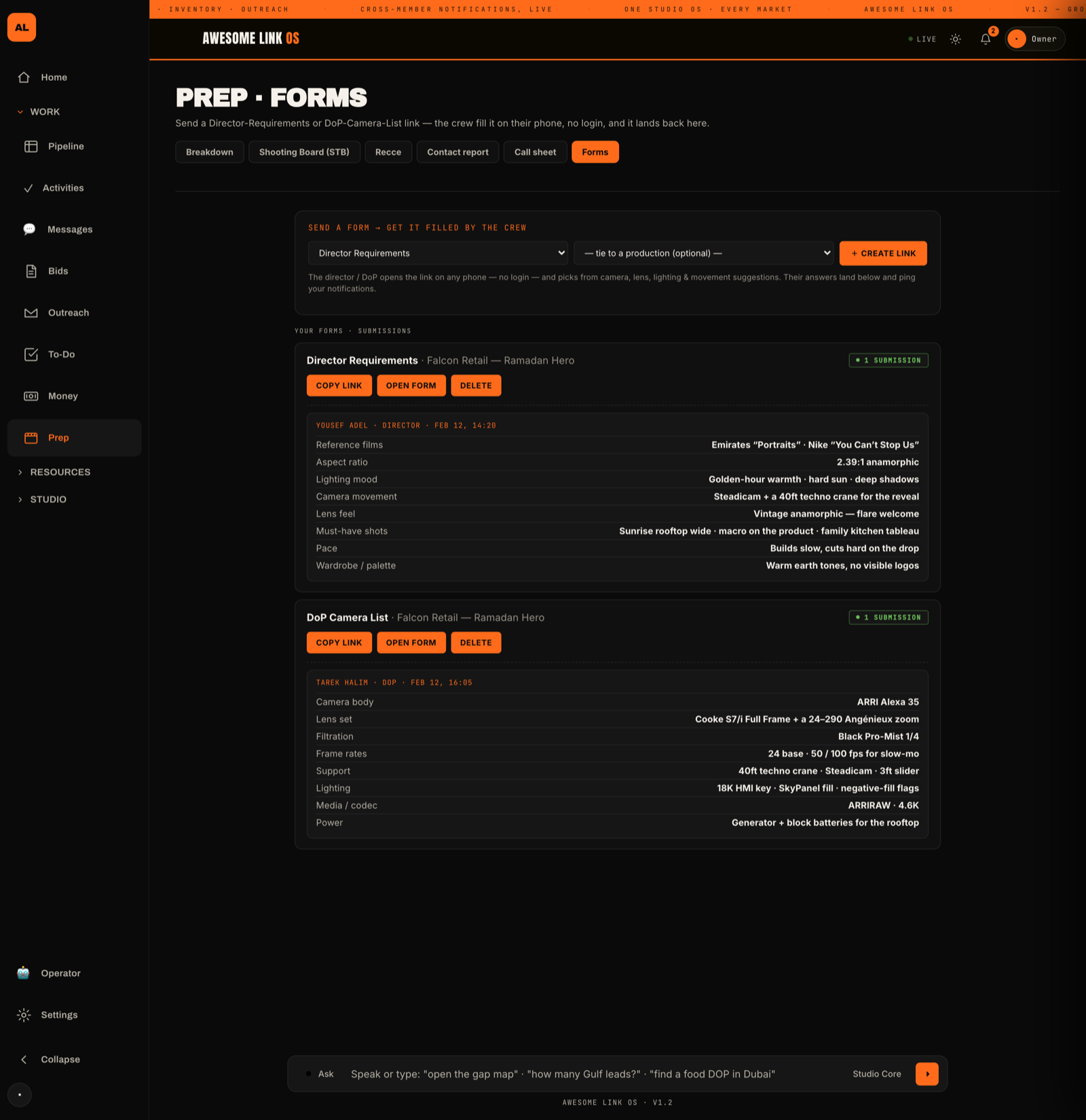 Awesome Link OS Prep Forms — send a Director-Requirements or DoP-Camera-List link, the crew fill it on their phone, it lands back in the house