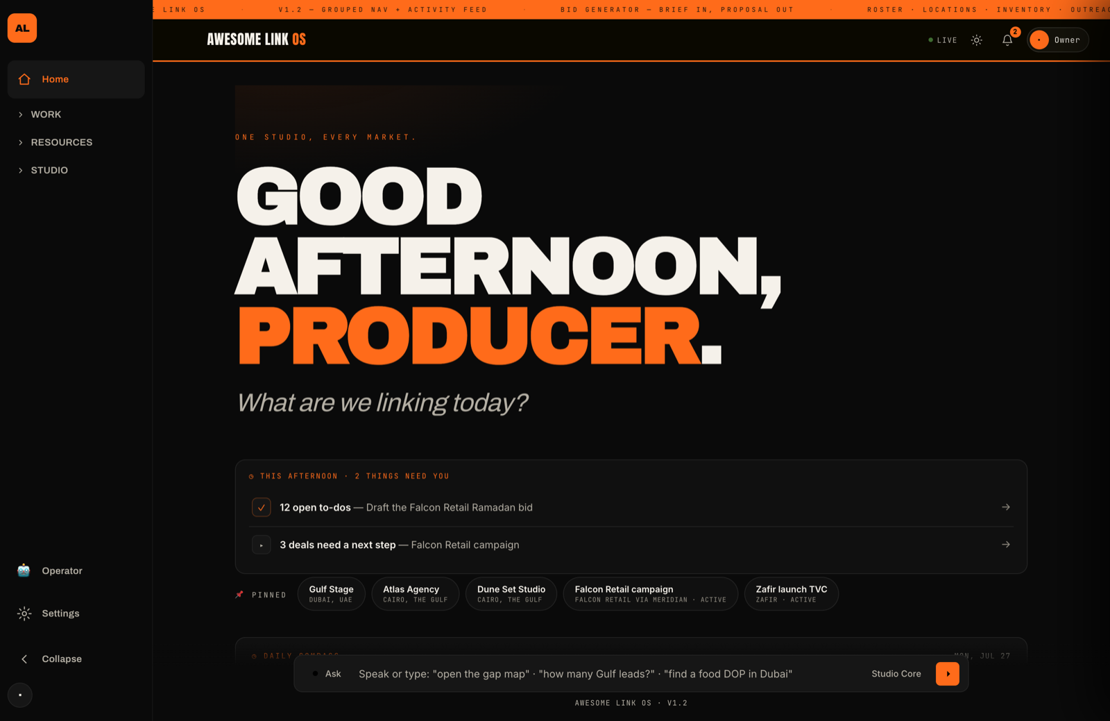 Awesome Link OS — the home dashboard: Quick Nav, Daily Compass and the Studio Core ask bar