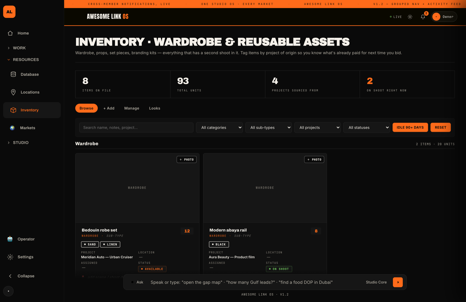 Awesome Link OS Inventory — wardrobe, props and reusable assets tagged by project of origin