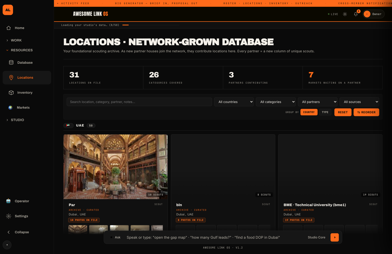 Awesome Link OS Locations view — 31 locations on file, 26 categories, filters, and venue cards with scout-photo strips