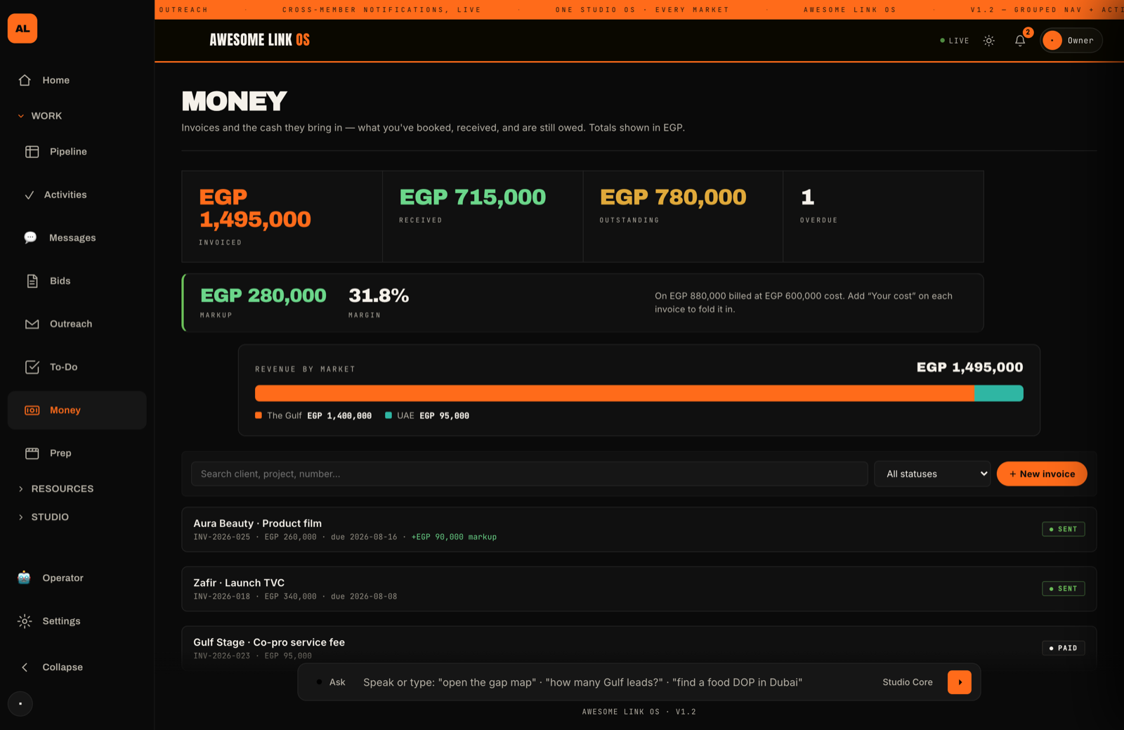 Awesome Link OS Money — invoices booked, received and outstanding, with markup and margin, tracked Sent to Paid