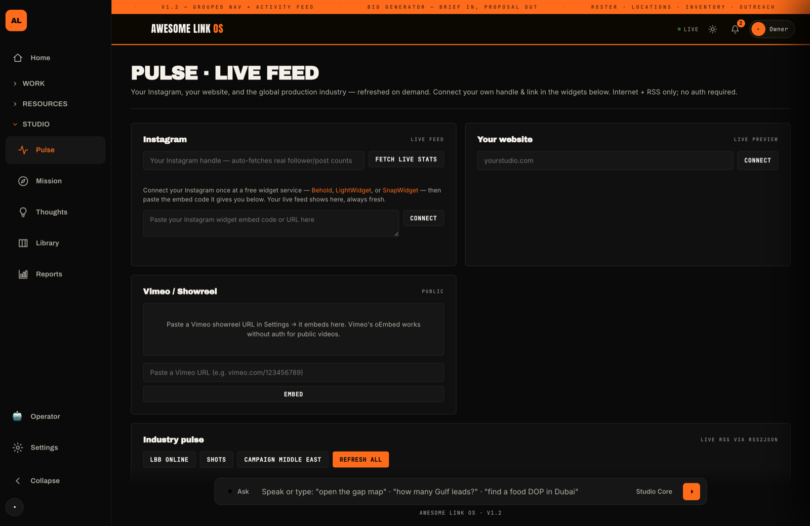 Awesome Link OS Pulse view — Instagram, website and industry feeds in one live dashboard