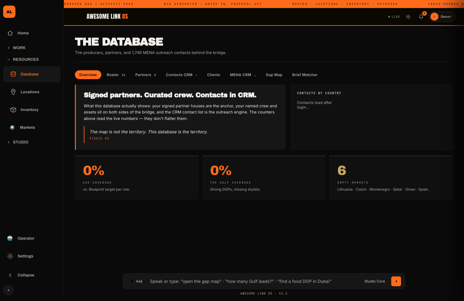 Awesome Link OS Database view — roster, partners and the MENA contacts CRM with coverage stats