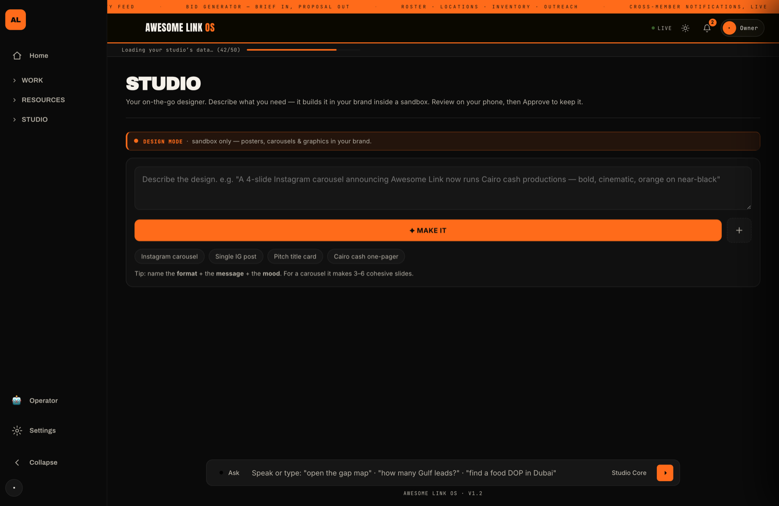 Awesome Link OS Studio view with the always-present Studio Core ask bar along the bottom