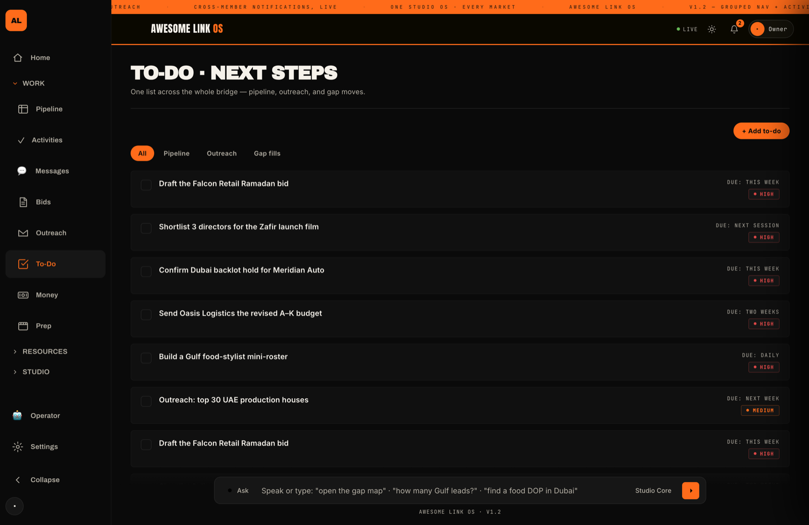 Awesome Link OS To-Do — one prioritised next-steps list across pipeline, outreach and gap moves